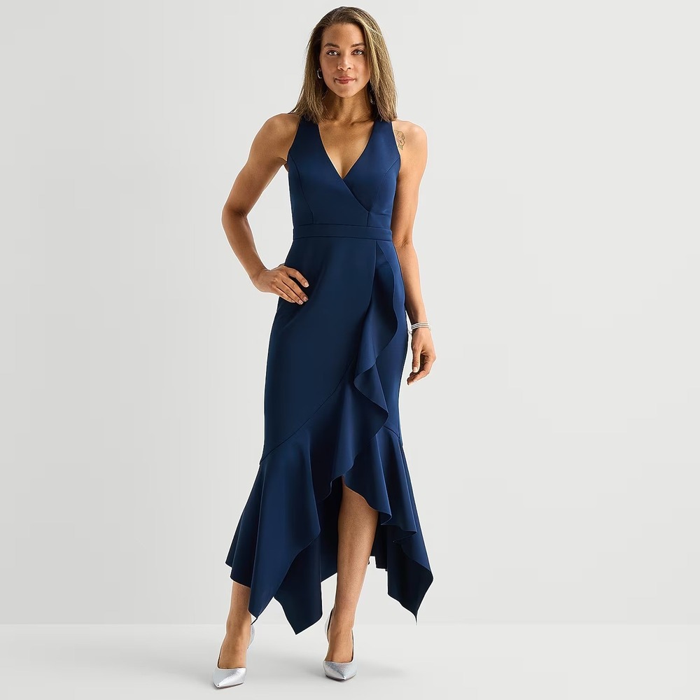 MSRP $110 DJ Jaz Women's 14 Navy High-Low V Neck Sleeveless Evening Gown